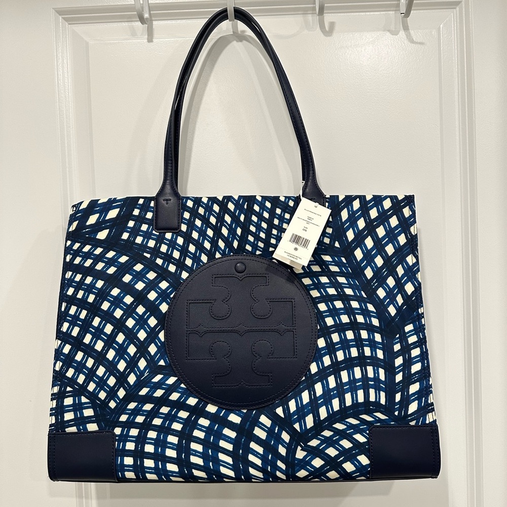 Tory Burch Ella Printed Tote Bag Handbag Navy Warped Gingham Nylon Leather New